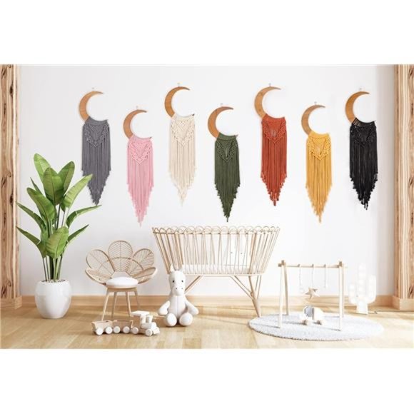 Macrame Wall Hanging Boho Moon Decor, Bohemian Crescent Wooden Ornament - Picture 5 of 7